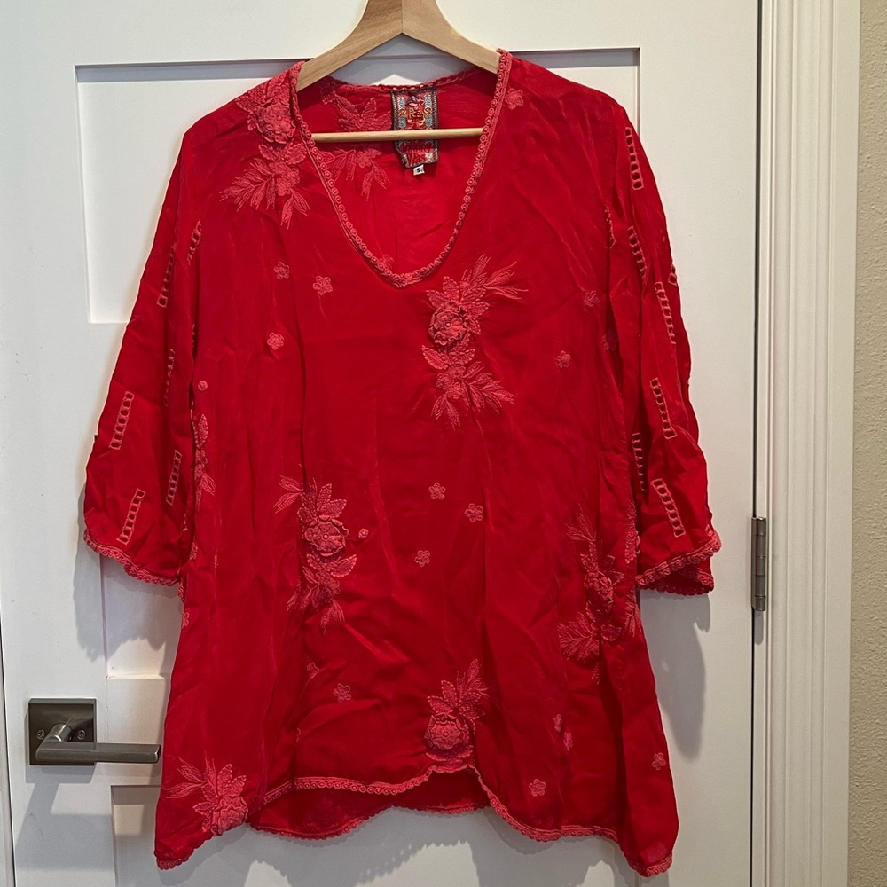Johnny Was Embroidered Red Floral Blouse Size S